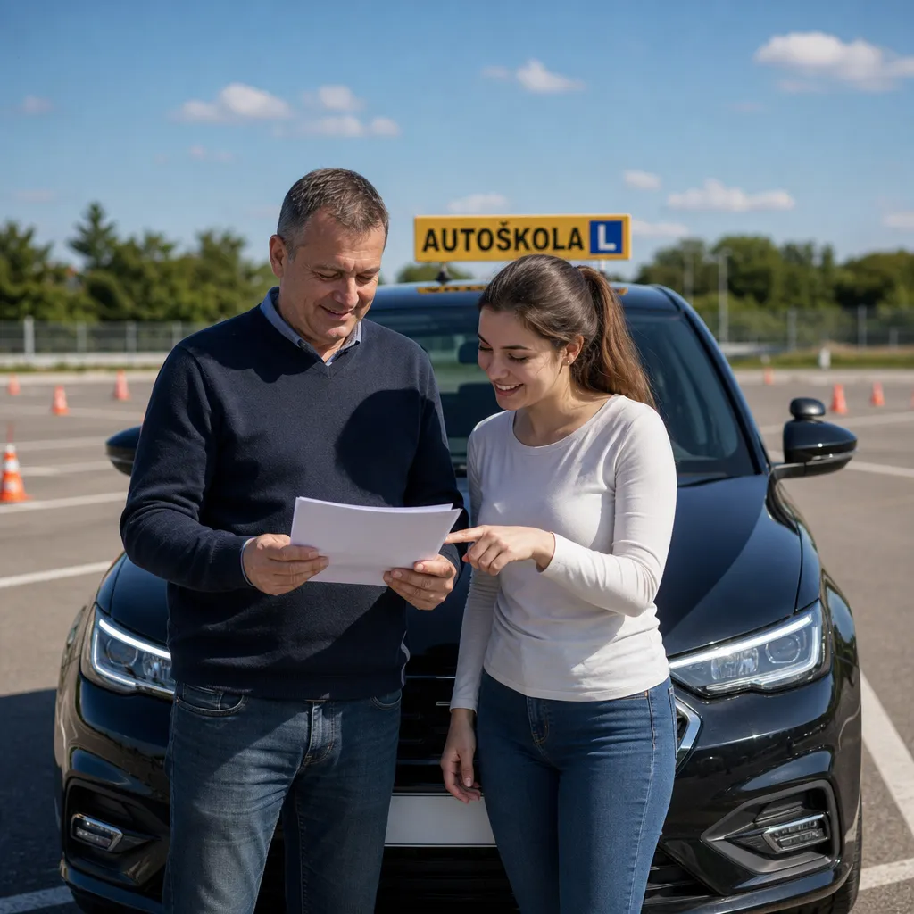 Instruktor i kandidatkinja nasmijani zajedno gledaju u papire ispred automobila autoškole sa žutom krovnom tablom na sunčanom vježbalištu